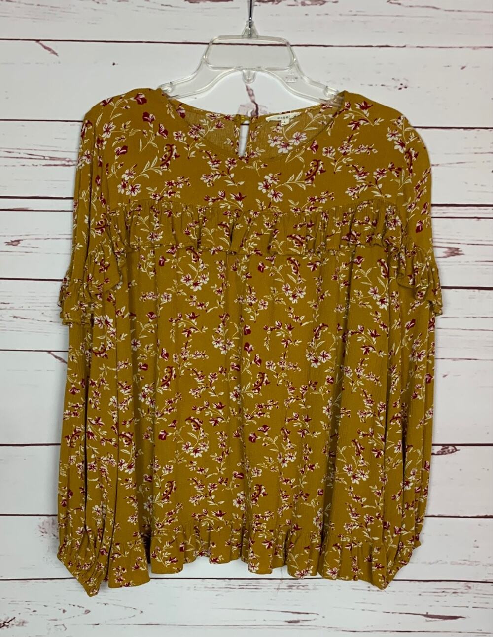 Easel Anthropologie Women's L Large Mustard Floral Boho Fall Long Sleeve Top